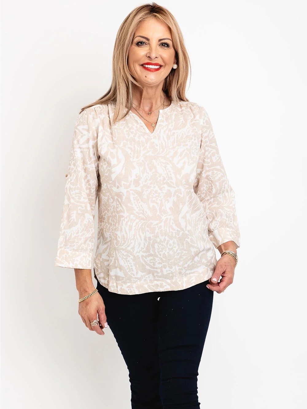 Fransa Maddie Split Neck Cotton Linen Blouse Stone